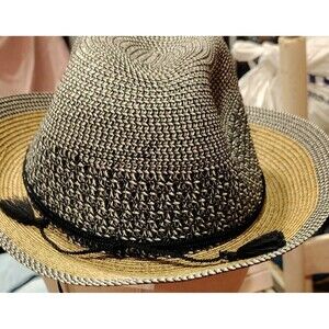 Belle Rive boutique Black Beige Fedora Tassel Women's Straw Hat Summer